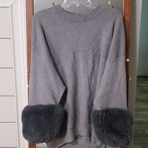 Saks Fifth Ave Crewneck Sweater with Fur Sleeves